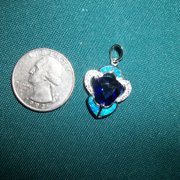 Blue Sapphire Australian Opal inlay white topaz  Sterling Silve pendant Necklace - Picture 3 of 3